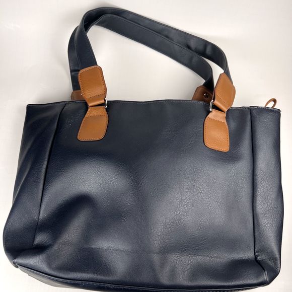 Navy & Brown Faux Leather Large Tote Bag with 2 Zip Pockets in Front - Picture 2 of 5
